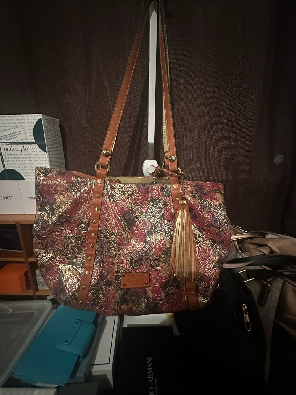 Patricia Nash Paisley Tote with Tassel in Burgundy and Tan